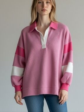NWT Pink Striped Sleeve Boho Vibes Collared Pullover Size Women's Large